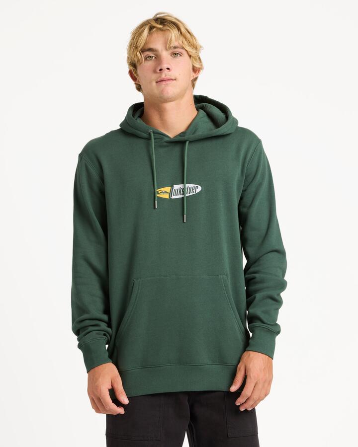 Image of a model wearing Outerwear. Productname: quiksilver Mens Channel Fix Pullover Hoodie Forest - in Forest colour by brand - Quiksilver