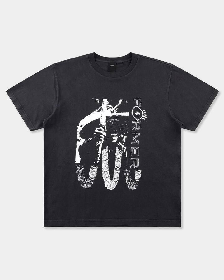 Image of a model wearing Tops. Productname: former Mens Sacrifice Shrunken T-Shirt Washed Black - in Washed Black colour by brand - Former