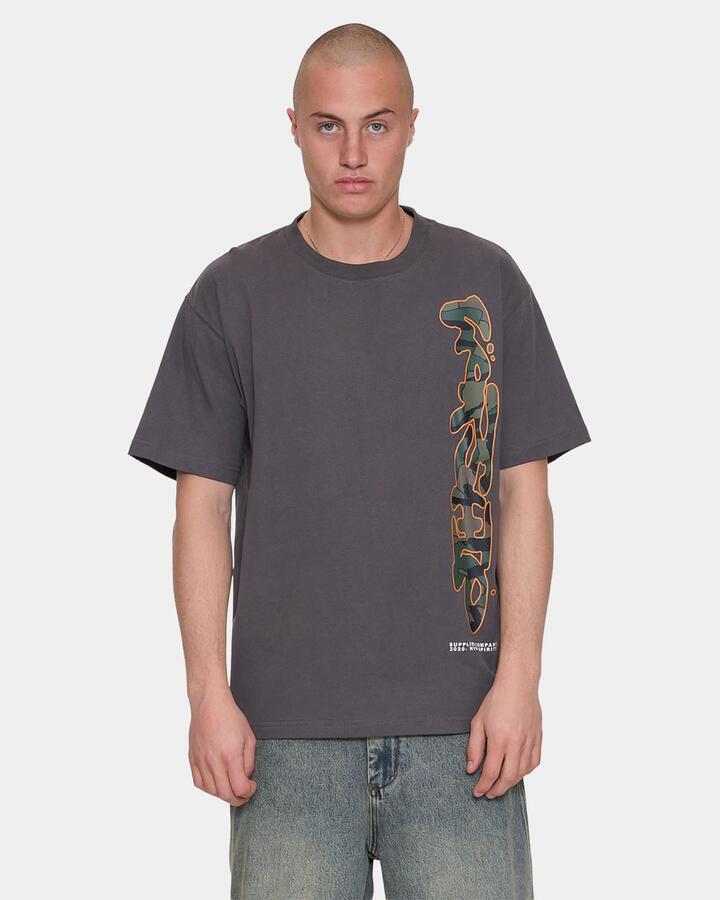Image of a model wearing Tops. Productname: worship Mens Plain Sight T-Shirt Worn Black - in Worn Black colour by brand - Worship