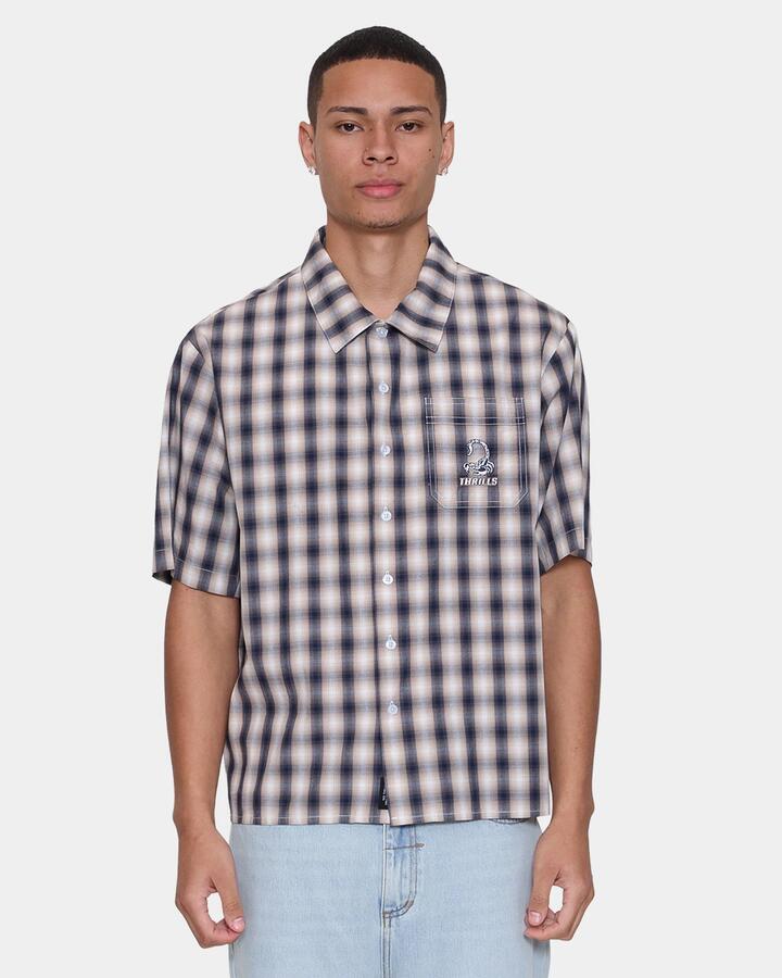 Image of a model wearing Tops. Productname: thrills Mens Paradise Falling Short Sleeve Shirt Navy - in Navy colour by brand - Thrills