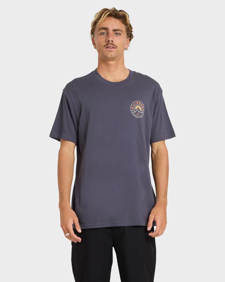 Image of a model wearing Tops. Productname: billabong Mens Rockies Adiv Premium Fit T-Shirt Graystone - in Graystone colour by brand - Billabong
