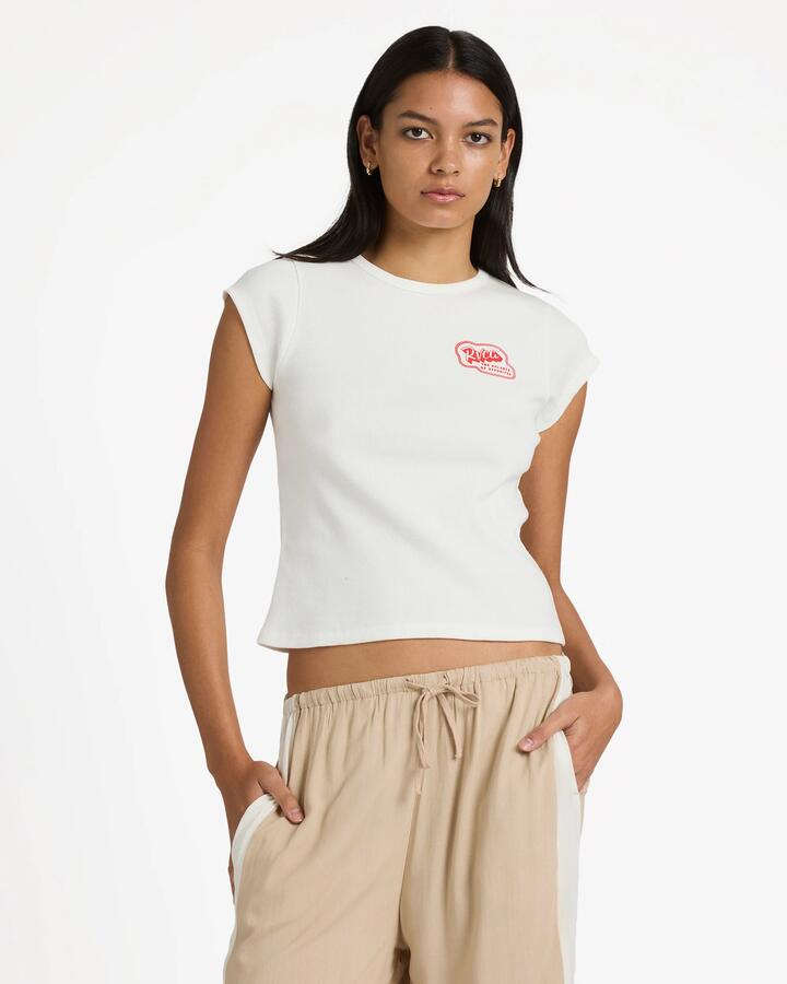 Image of a model wearing Tops. Productname: rvca Womens Ribbed Slim T-Shirt Vintage White - in Vintage White colour by brand - Rvca