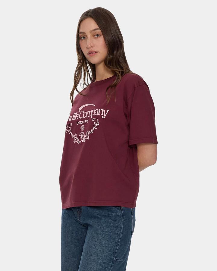 Image of a model wearing Tops. Productname: thrills Womens End Game Square T-Shirt New Maroon - in New Maroon colour by brand - Thrills