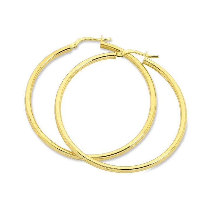 Image of Earrings. Productname: 30mm Round Hoop Earrings in 9kt Yellow Bonded Gold in Gold colour by brand - Bevilles