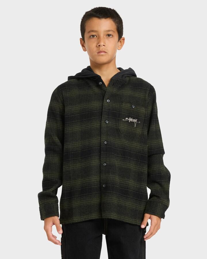 Image of Shirts. Product name - Billabong Boys 8-16 Baja Surf Hooded Flannel Shirt Black in Black colour by brand - Billabong