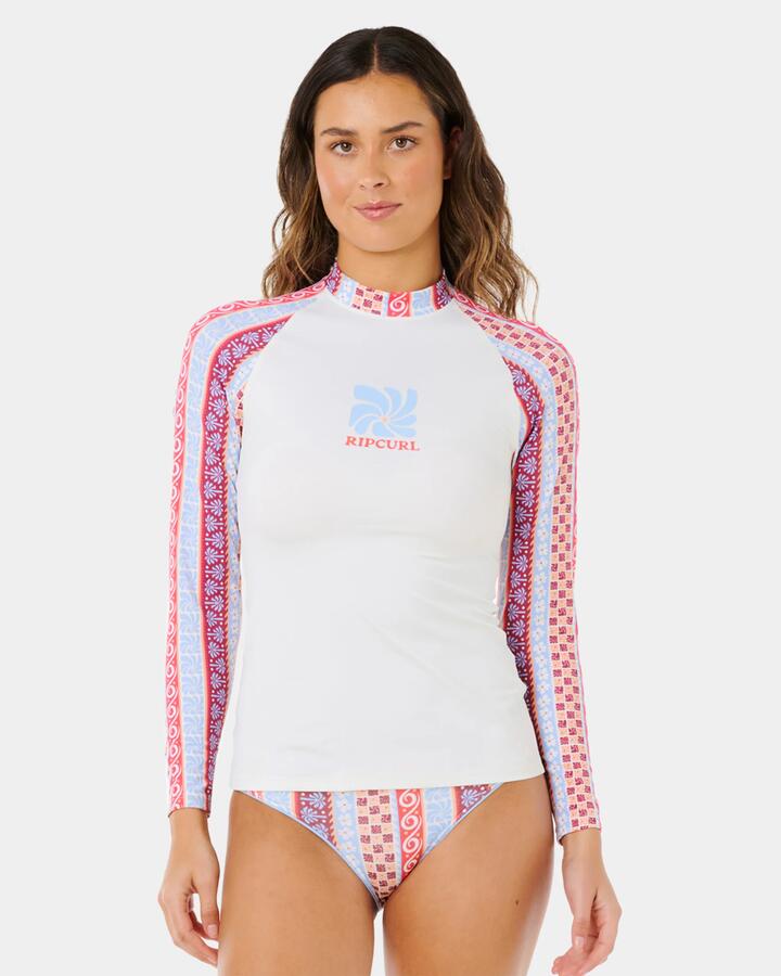 Image of a model wearing Tops. Product name - Rip Curl Womens Coastal Instinct Upf Long Sleeve Rash Vest Multico in Multico colour by brand - Rip Curl