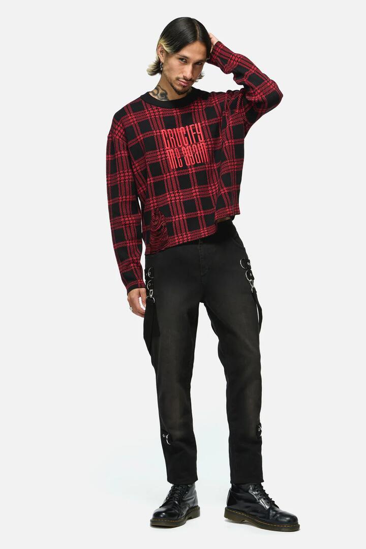 Image of a model wearing Outerwear. Product name - Suffer Tartan Knit Jumper in Black Red colour by brand - Black Friday