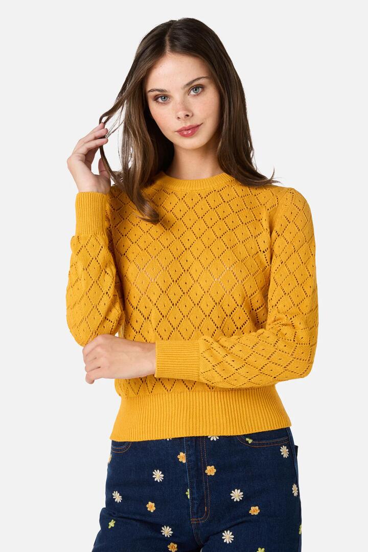 Image of a model wearing Tops. Productname: Faye Long Sleeve Knit in Mustard colour by brand - Princess Highway