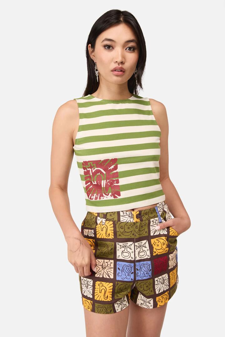 Image of a model wearing Tops. Productname: Stampz Stripe Tank Top in Green/Cream colour by brand - Dangerfield