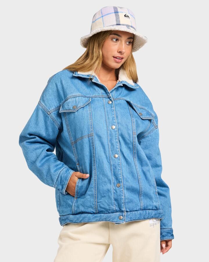 Image of Coats & Jackets. Product name - Quiksilver Womens Sunsets Denim Jacket Mid Blue in Mid Blue colour by brand - Quiksilver