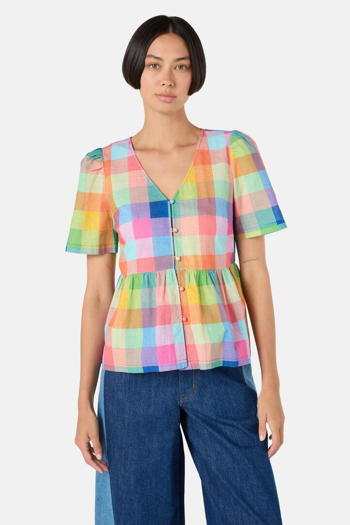 Image of a model wearing Tops. Product name - Little Checks Top in Check colour by brand - Gorman