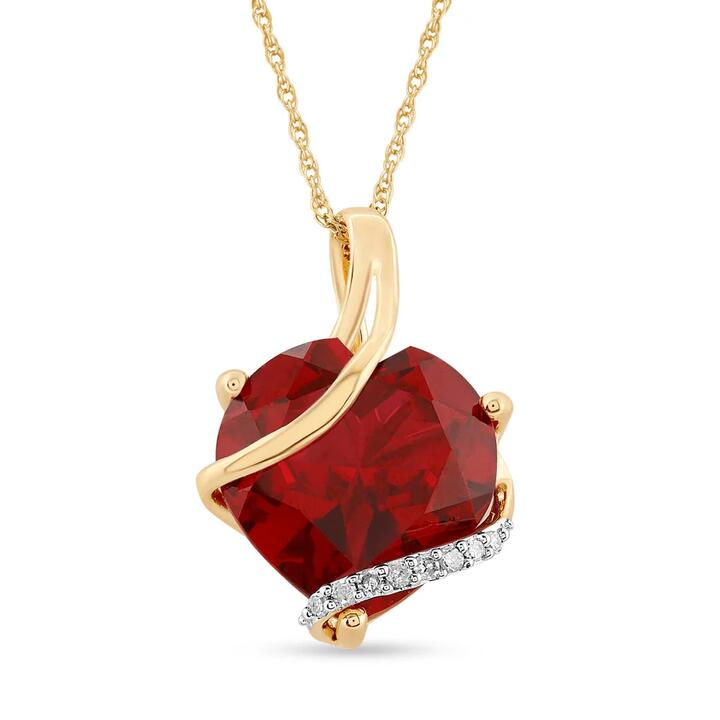 Image of Necklaces. Productname: 45cm Diamond Set Heart Necklace with Created Ruby in 9kt Yellow Gold in Diamond colour by brand - Bevilles