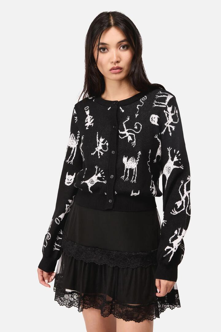 Image of a model wearing Outerwear. Productname: Demons Goth Cardigan in Black colour by brand - Dangerfield