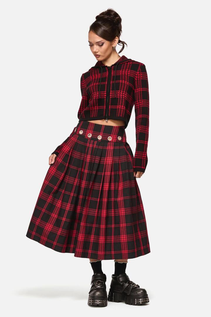 Image of a model wearing Skirts. Productname: Suffer Punk Tartan Midi Skirt in Red/Black colour by brand - Black Friday