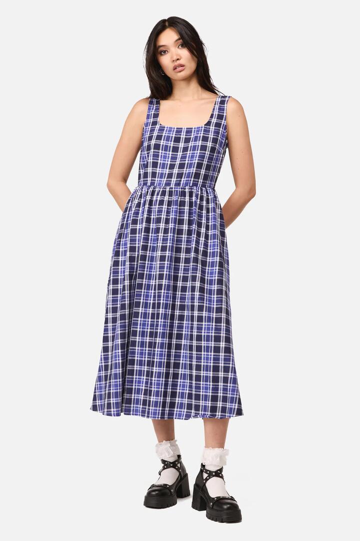 Image of Dresses. Product name - Whirl Tartan Midi Dress in Purple/White colour by brand - Dangerfield