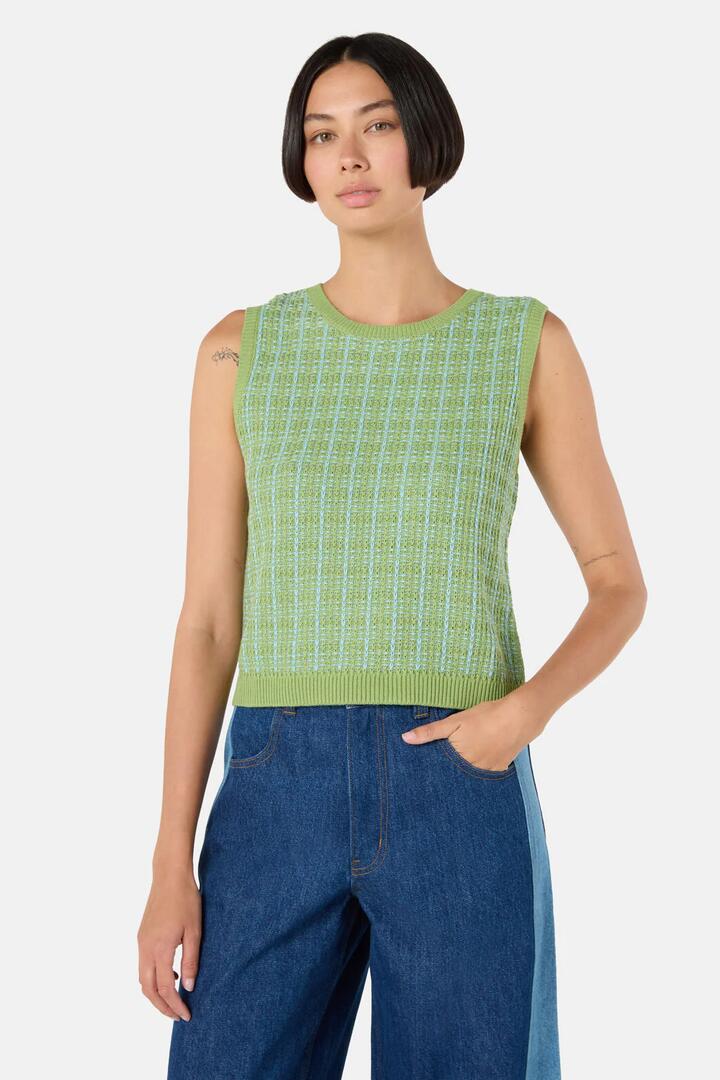 Image of a model wearing Tops. Product name - At The Garden Knit Tank in Green colour by brand - Gorman