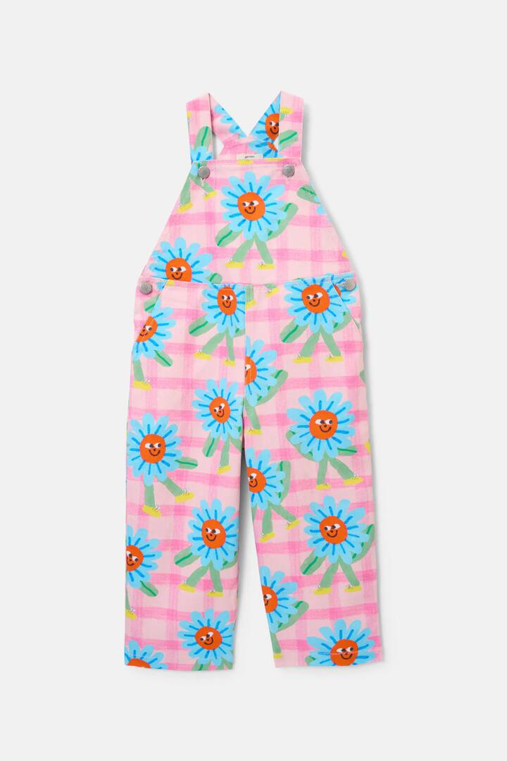 Image of a model wearing Pants. Product name - Walking Daisy Kids Overalls in Pink colour by brand - Gorman