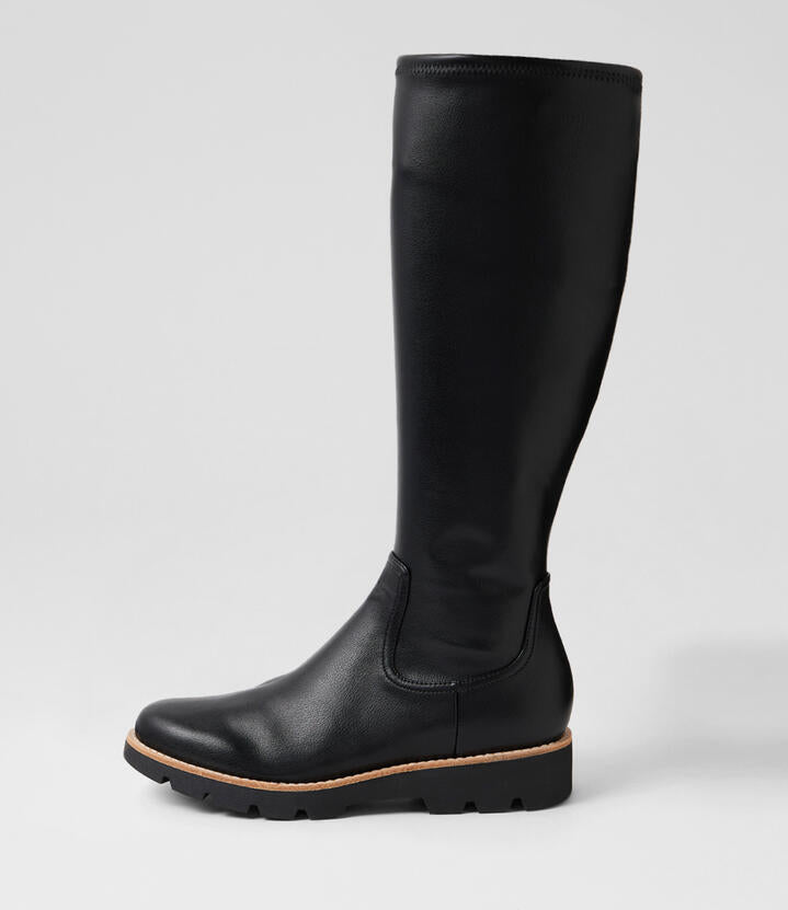 Image of Boots. Productname: Disk Black Stretch Knee High Boots in Black-Black Sole colour by brand - MIDAS