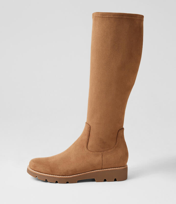 Image of Boots. Productname: Disk Light Choc Stretch Microsuede Knee High Boots in Lt Choc-Lt Choc Sole colour by brand - MIDAS