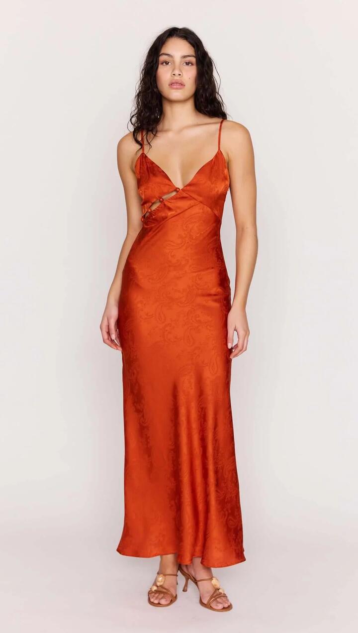 Image of Dresses. Product name - Orange Bead Detailed Satin Bias Midi Dress in Paprika Paisley colour by brand - MINKPINK