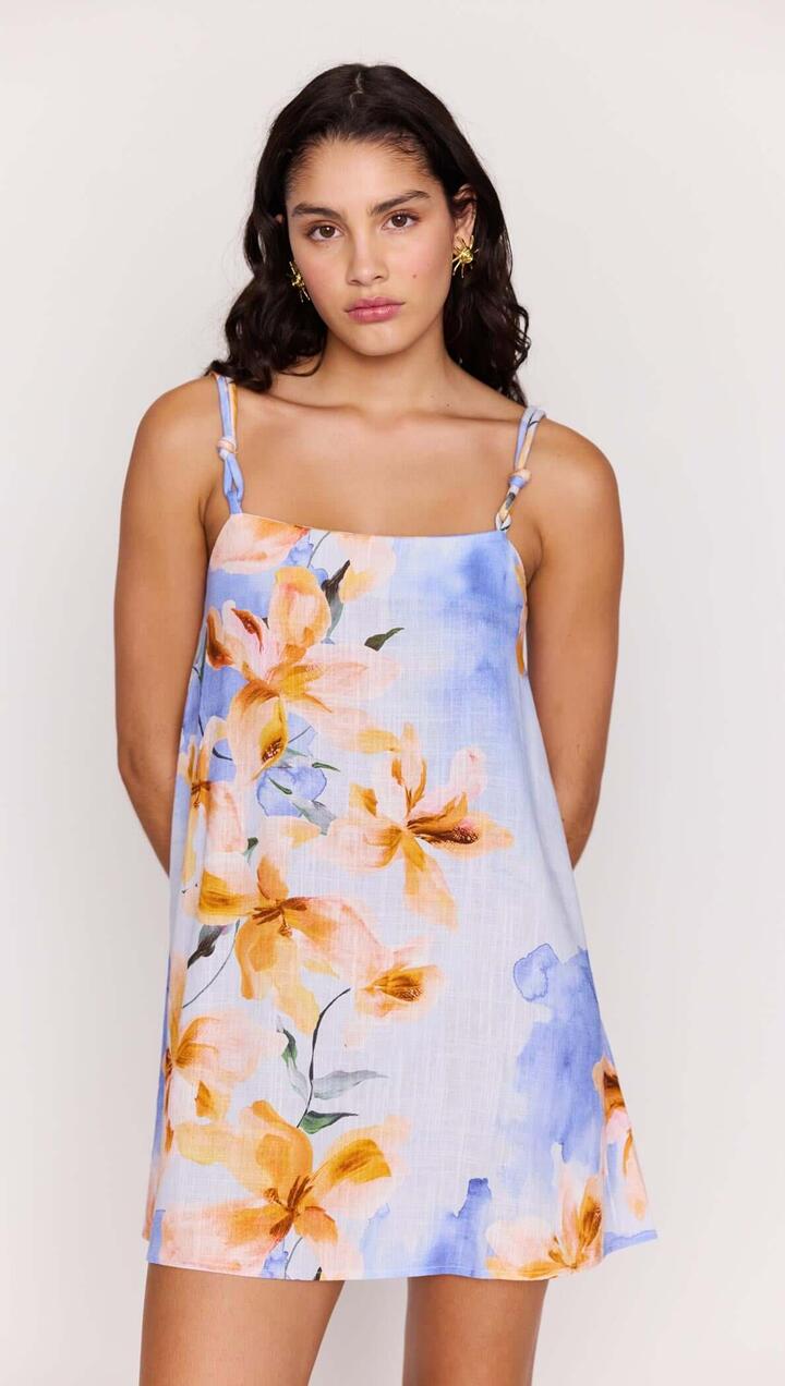 Image of Dresses. Product name - Blue Floral Linen Blend Shift Mini Dress in Watercolour Floral colour by brand - MINKPINK