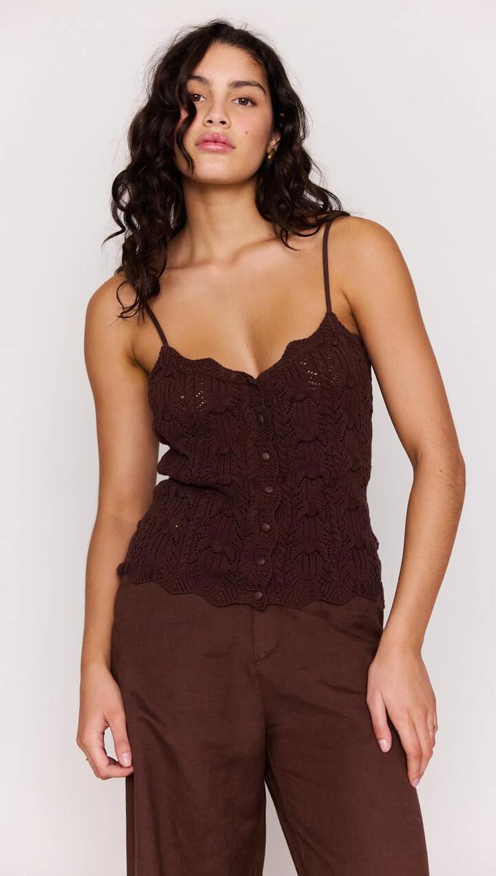 Image of a model wearing Tops. Product name - Chocolate Brown Pointelle Knit Cami in Chocolate colour by brand - MINKPINK
