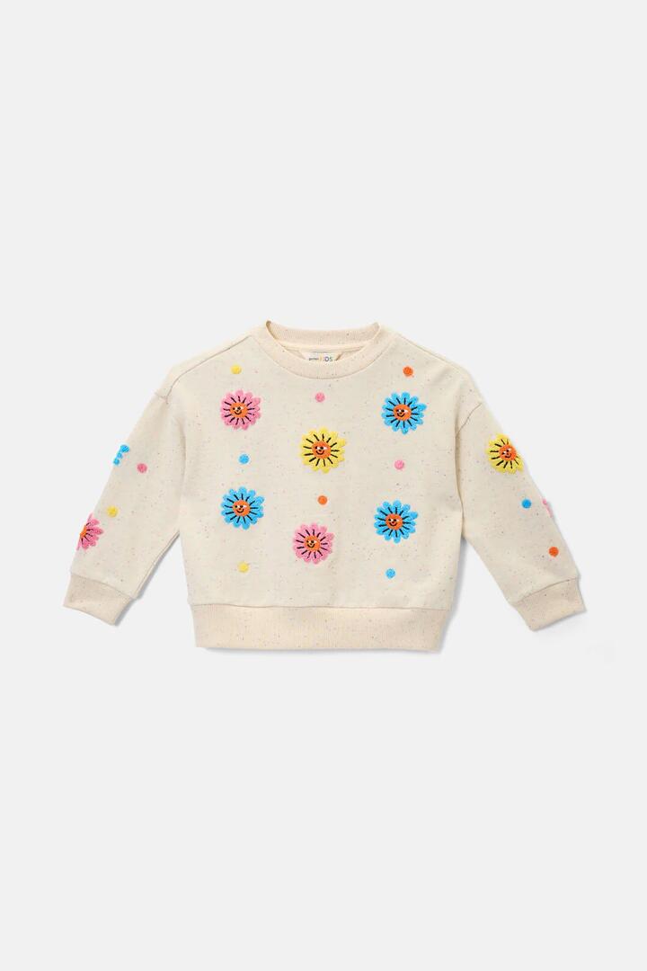 Image of a model wearing Outerwear. Product name - Daisy Embroidery Kids Sweater in Cream colour by brand - Gorman