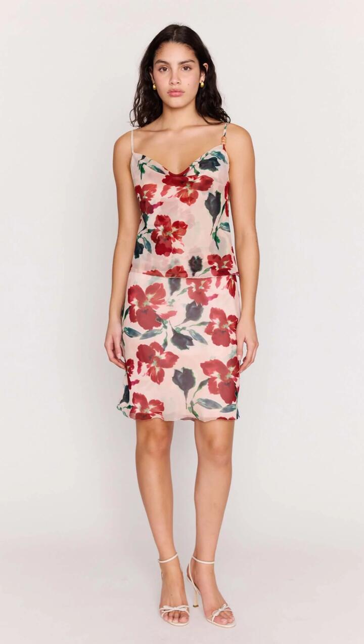 Image of a model wearing Skirts. Product name - Pink Floral Bias Slip Skirt in Red Floral colour by brand - MINKPINK