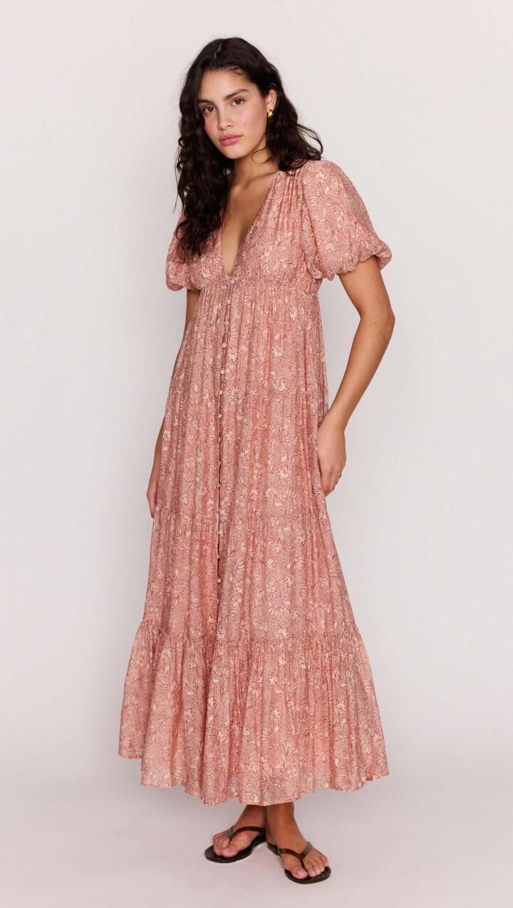 Image of Dresses. Product name - Red Floral Puff Sleeve Maxi Dress in Boho Floral colour by brand - MINKPINK