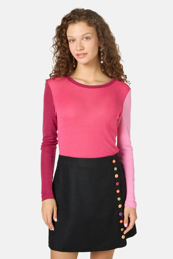 Image of a model wearing Tops. Productname: Colour Block Merino Crew Neck in Pink colour by brand - Gorman