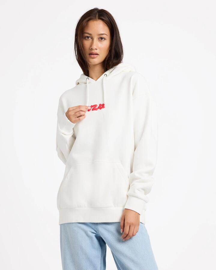 Image of a model wearing Outerwear. Productname: von Zipper Womens Laax Pullover Hoodie Off White - in Off White colour by brand - von Zipper