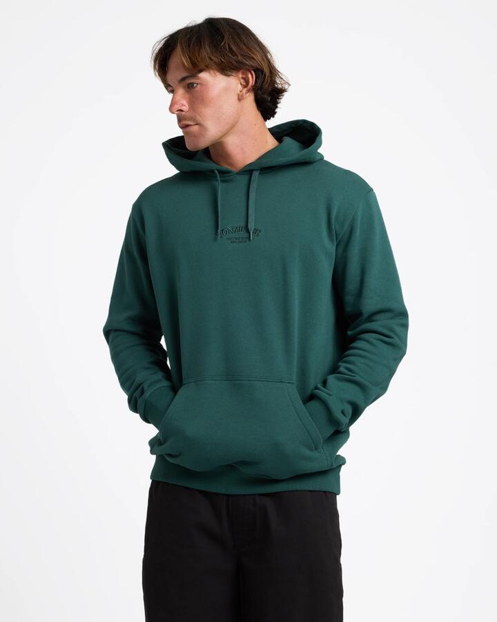 Image of a model wearing Outerwear. Product name - Von Zipper Mens Warrior Pullover Hoodie Forest in Forest colour by brand - Von Zipper