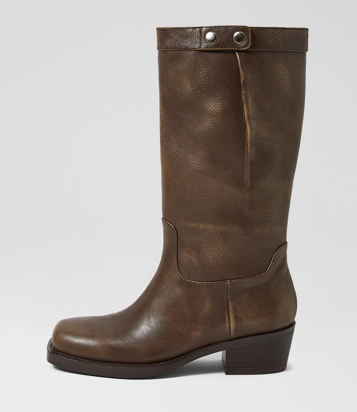 Image of Boots. Product name - Heevan Smokey Brown Leather Calf Boots in Smokey Brown colour by brand - MOLLINI