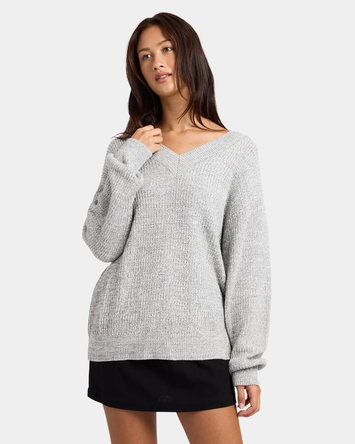 Image of a model wearing Outerwear. Product name - Nunui Womens Amari Sweatshirt Grey Marle in Grey Marle colour by brand - Nunui