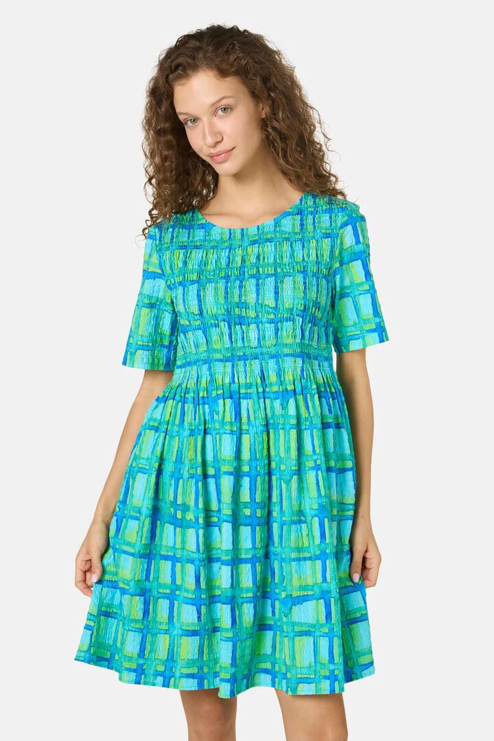 Image of Dresses. Product name - Montage Check Shirring Dress in Check colour by brand - Gorman
