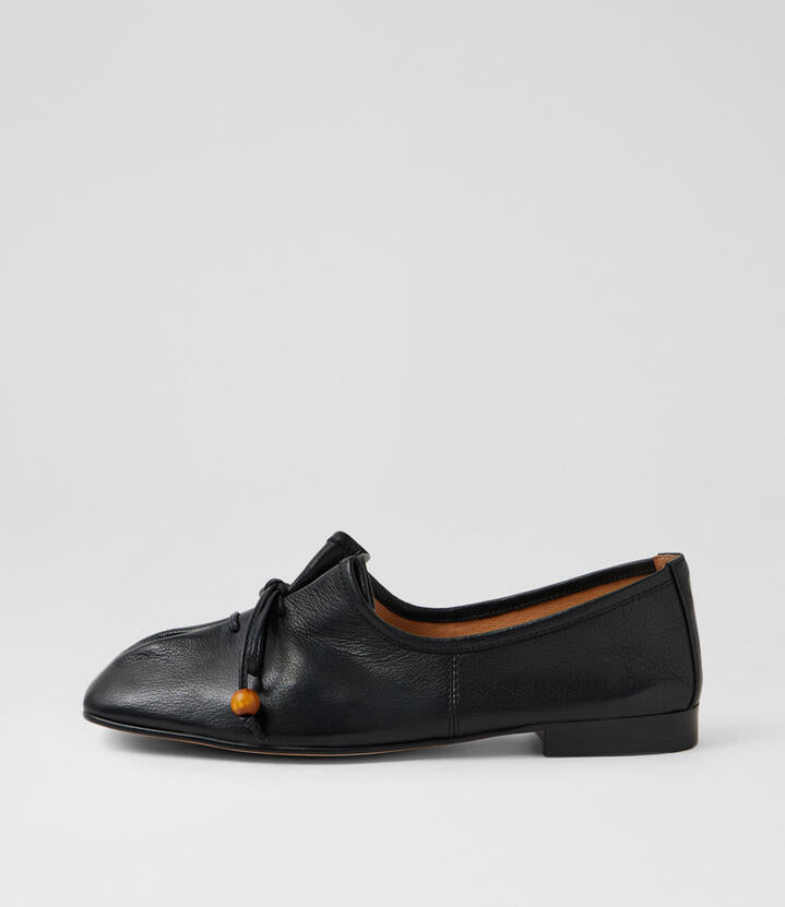 Image of Flats. Productname: Pigeon Black Leather Lace Up Flats in Black colour by brand - MIDAS