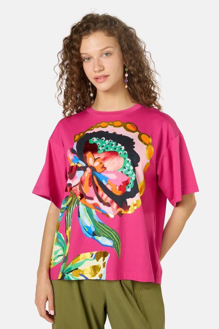 Image of T-Shirts. Productname: Floral Symphony Placement Oversized Tee in Fuschia colour by brand - Gorman
