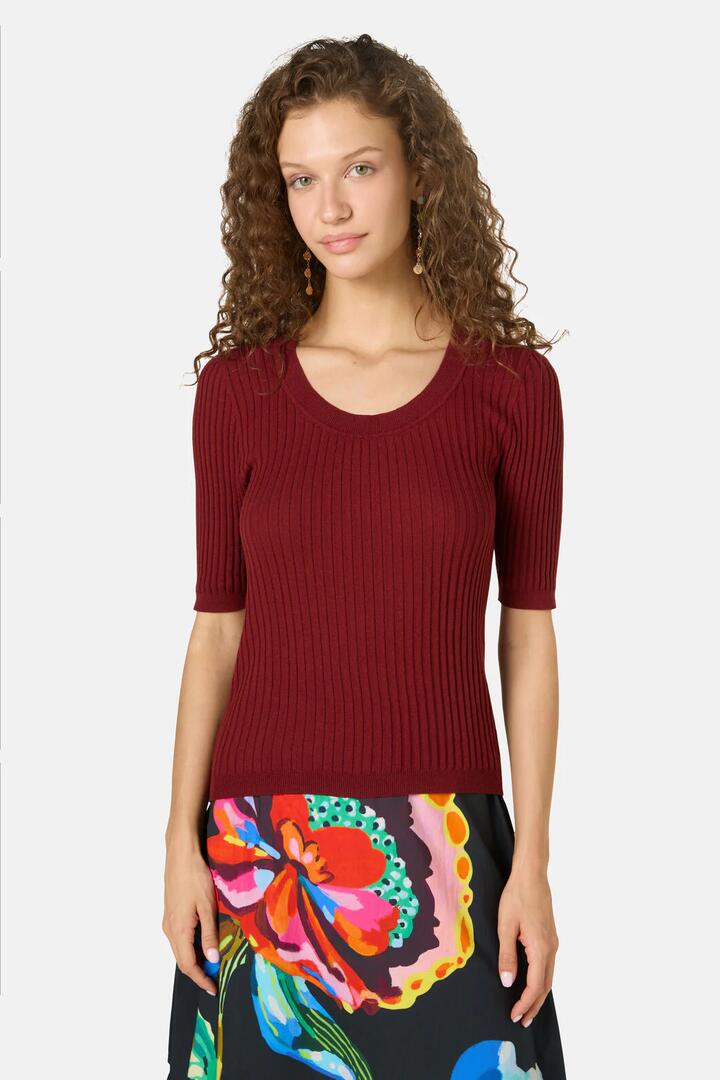 Image of a model wearing Tops. Product name - Allegra Scooped Neck Knit Top in Green colour by brand - Gorman