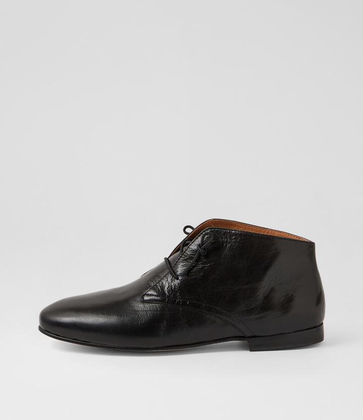 Image of Boots. Productname: Infra Black Polish Leather Lace Up Boots in Black Polish colour by brand - MIDAS