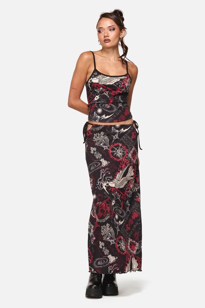 Image of a model wearing Skirts. Productname: Purgatory Cut Out Skirt in Black colour by brand - Black Friday