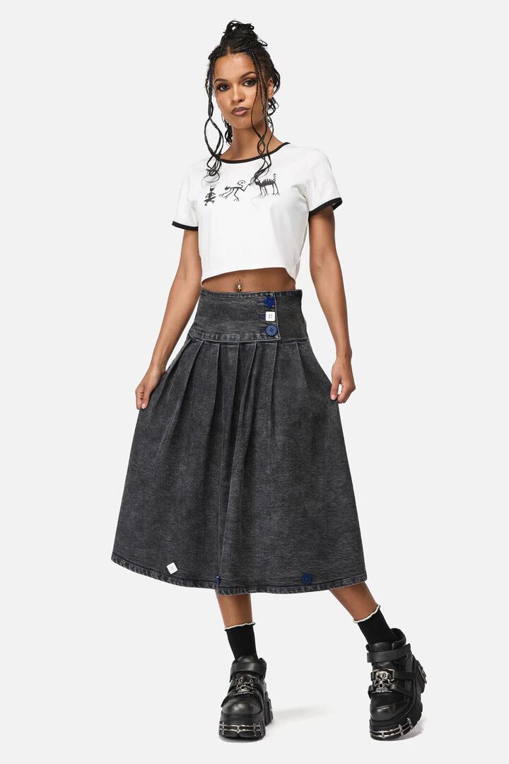 Image of a model wearing Skirts. Productname: Whirl Denim Pleated Midi Skirt in Grey colour by brand - Dangerfield