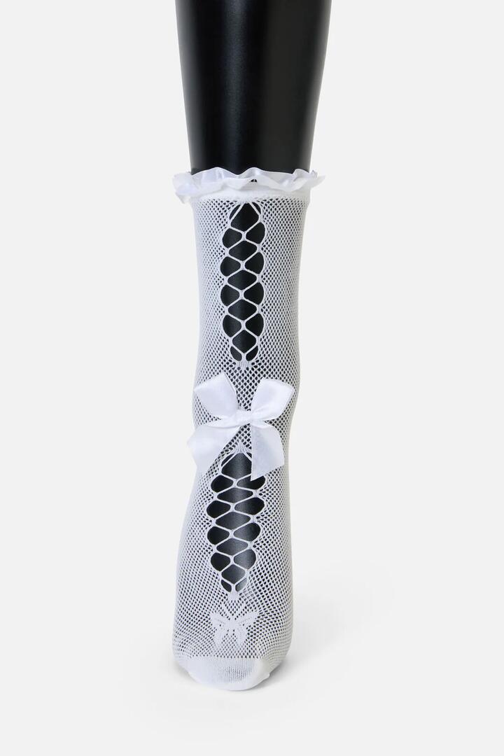 Image of Socks. Productname: White Long Mesh Bow Sock in White colour by brand - Dangerfield