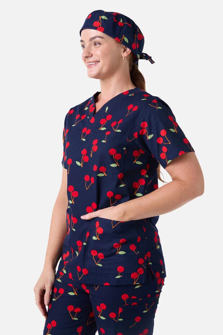 Image of Hats. Productname: Sweet Cherry Scrub Hat in Navy colour by brand - Scrubs With Love