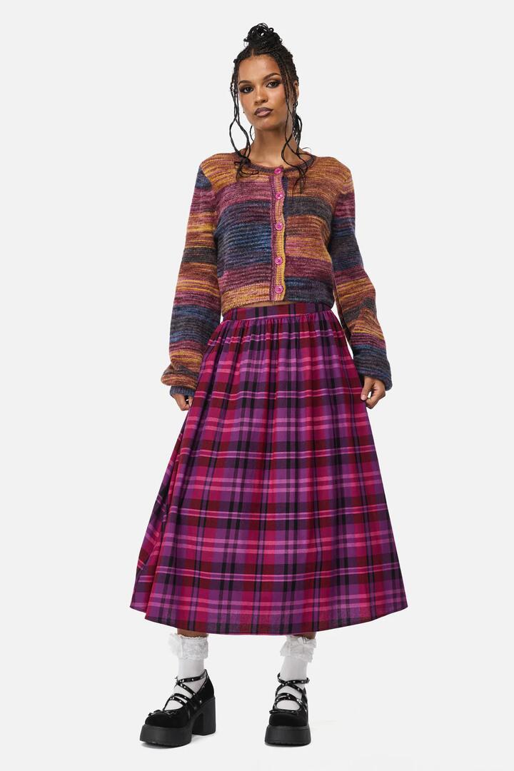 Image of a model wearing Skirts. Productname: Luna Goth Tartan Midi Skirt in Plum colour by brand - Black Friday