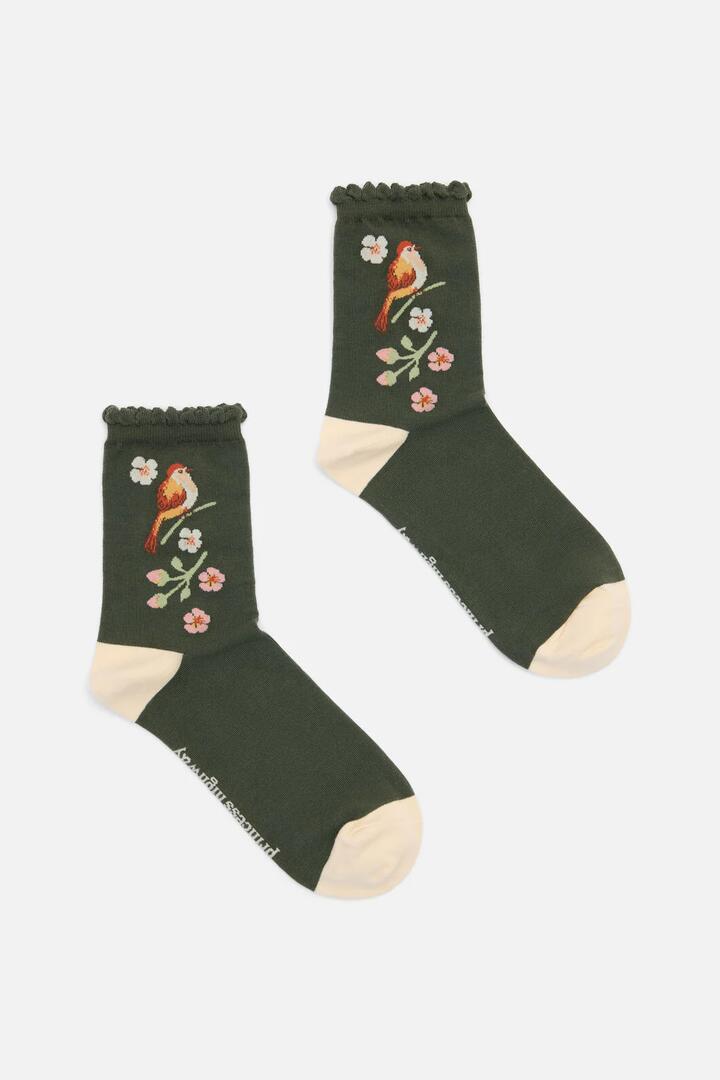 Image of Socks. Productname: Apple Blossom Bird Sock in Olive colour by brand - Princess Highway