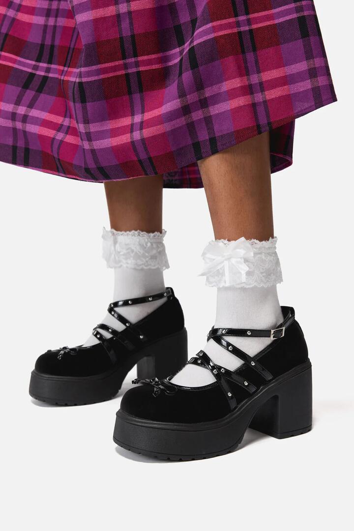 Image of Heels. Productname: Faux Suede Criss Cross Mary Janes in Black colour by brand - Black Friday