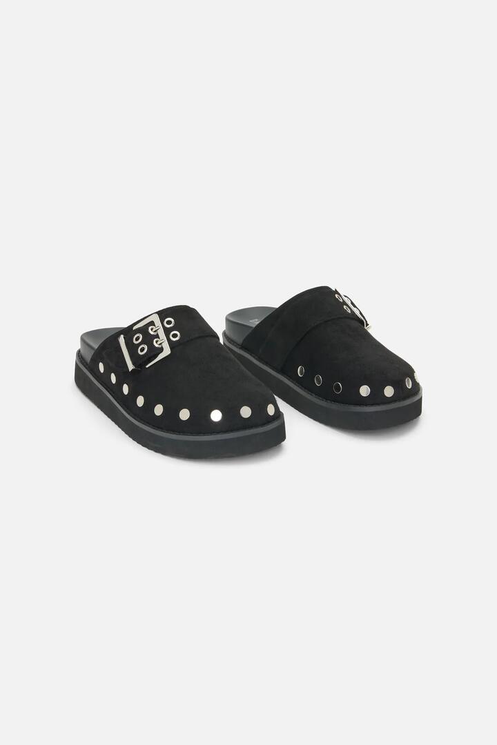 Image of Slippers. Productname: Stud Faux Suede Slide Shoe in Black colour by brand - Dangerfield