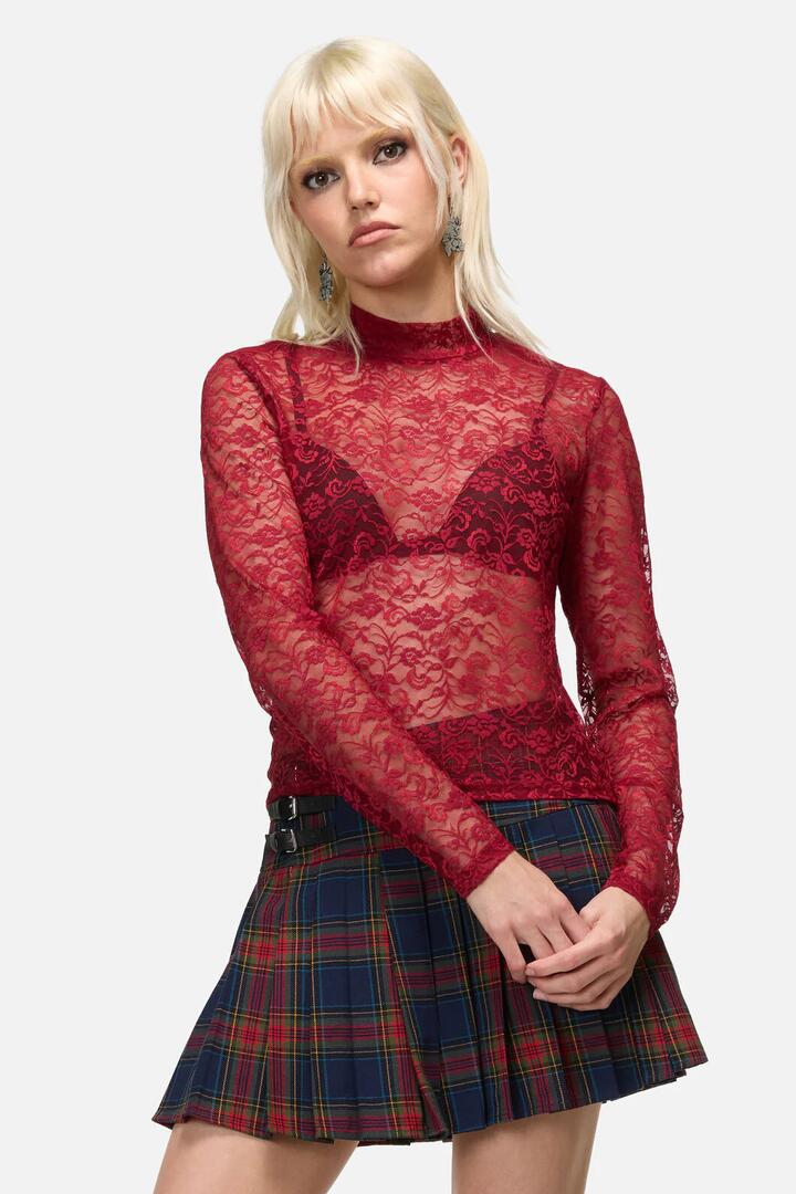 Image of a model wearing Tops. Productname: Lapin Lace Top in Red colour by brand - Dangerfield