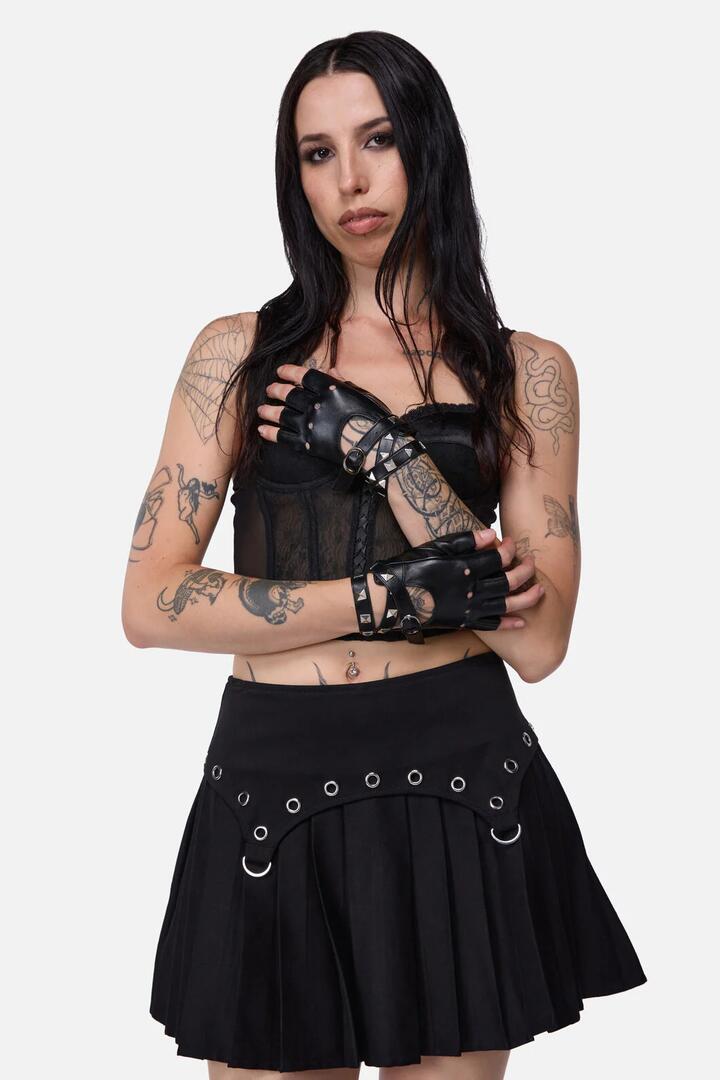Image of Gloves & Mittens. Productname: Stud Faux Leather Fingerless Glove in Black colour by brand - Dangerfield
