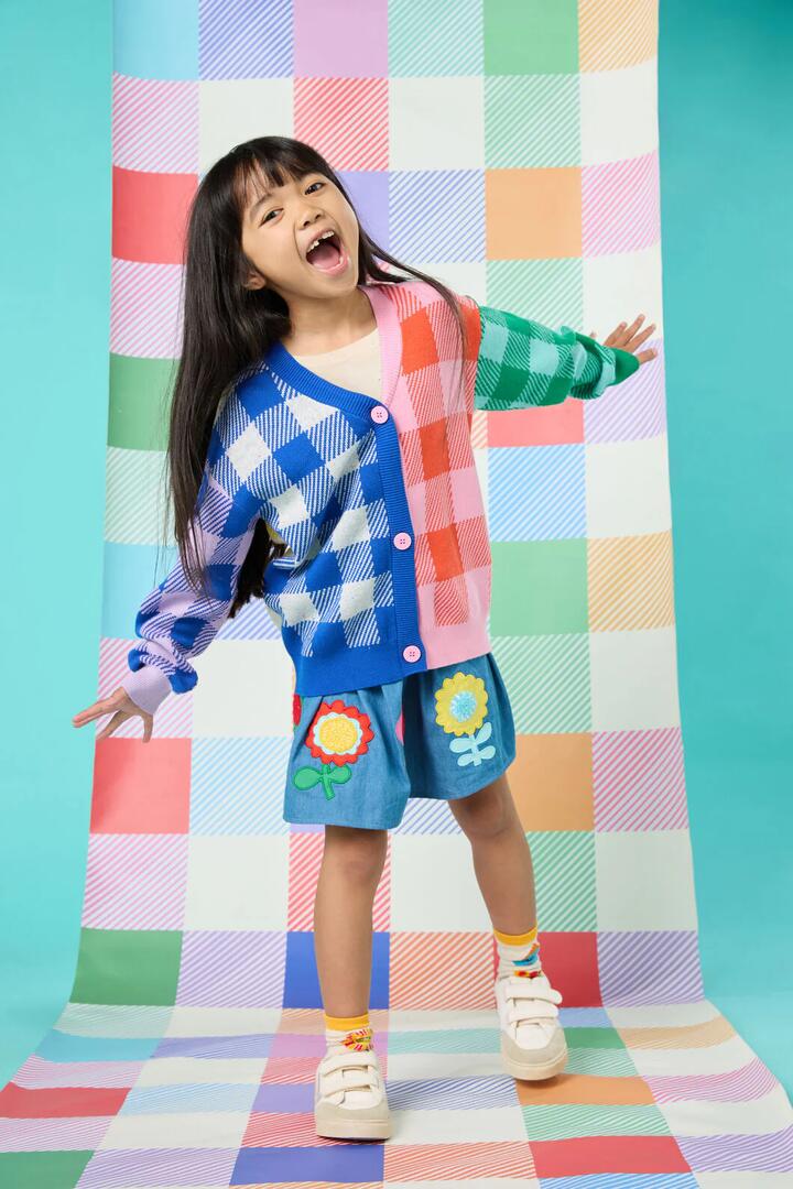 Image of a model wearing Outerwear. Productname: Gingham Splice Kids Cardigan in Multi colour by brand - Gorman